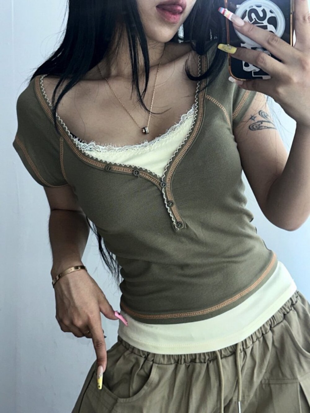 Y2K Fairy Grunge Fake Button Down Top – Lace Trim Green – Size M